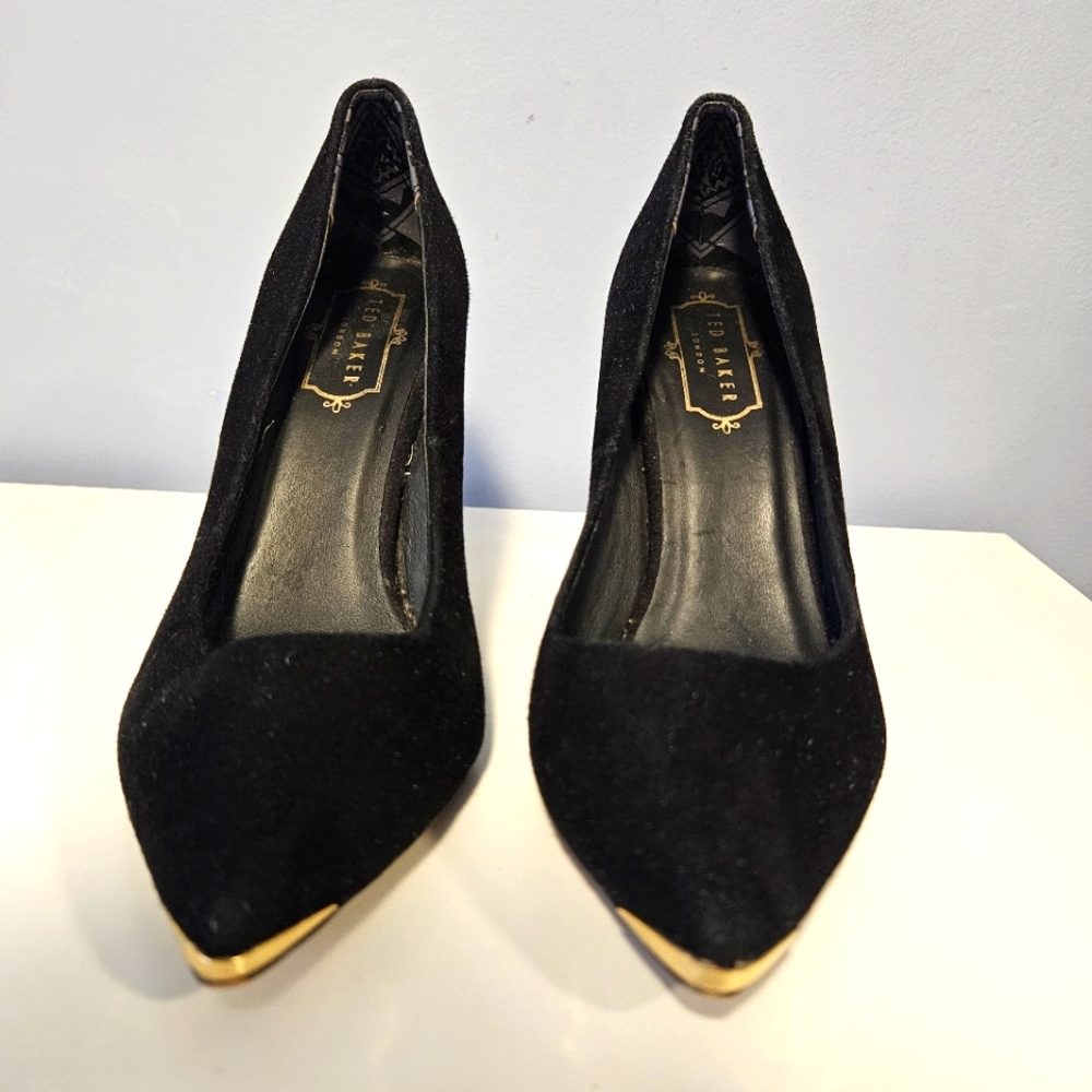 Ted Baker Black Suede and Gold Women's Stiletto Pumps